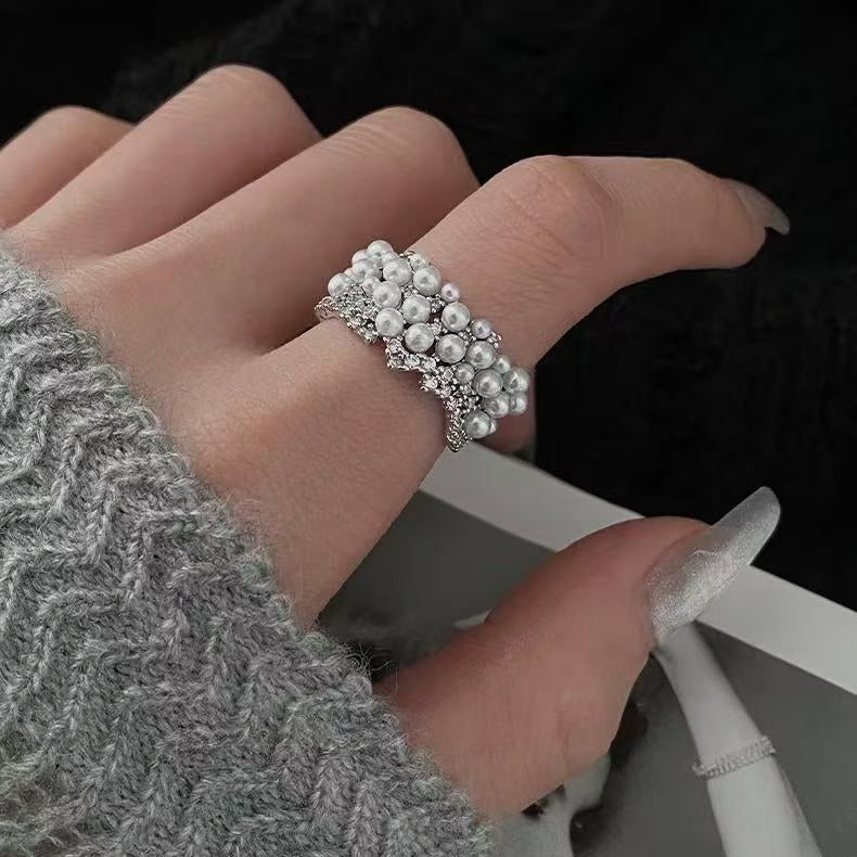 Luxe Cluster Pearl Open Adjustable Ring | Dazzling Elegant Statement Jewelry