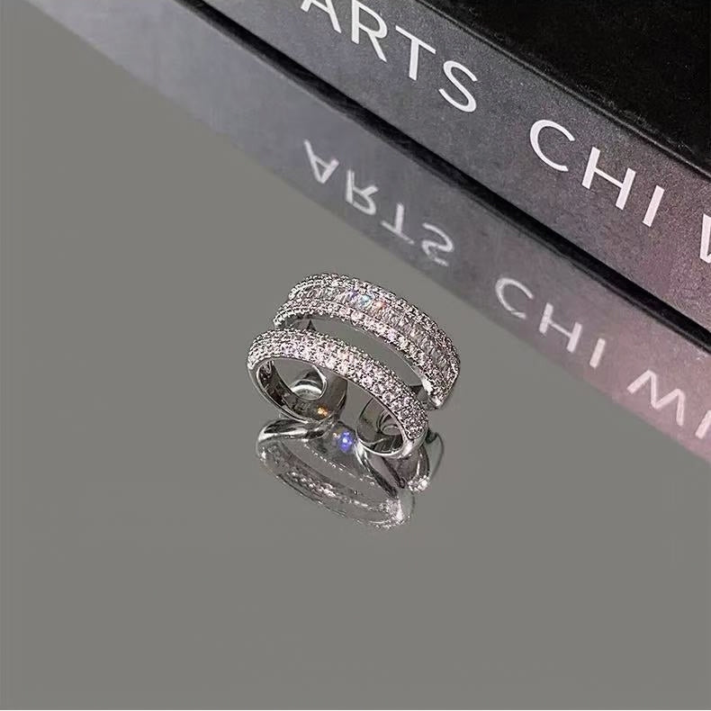 Double Row Paved Rhinestone Open Ring | Dazzling Luxury Statement Jewelry