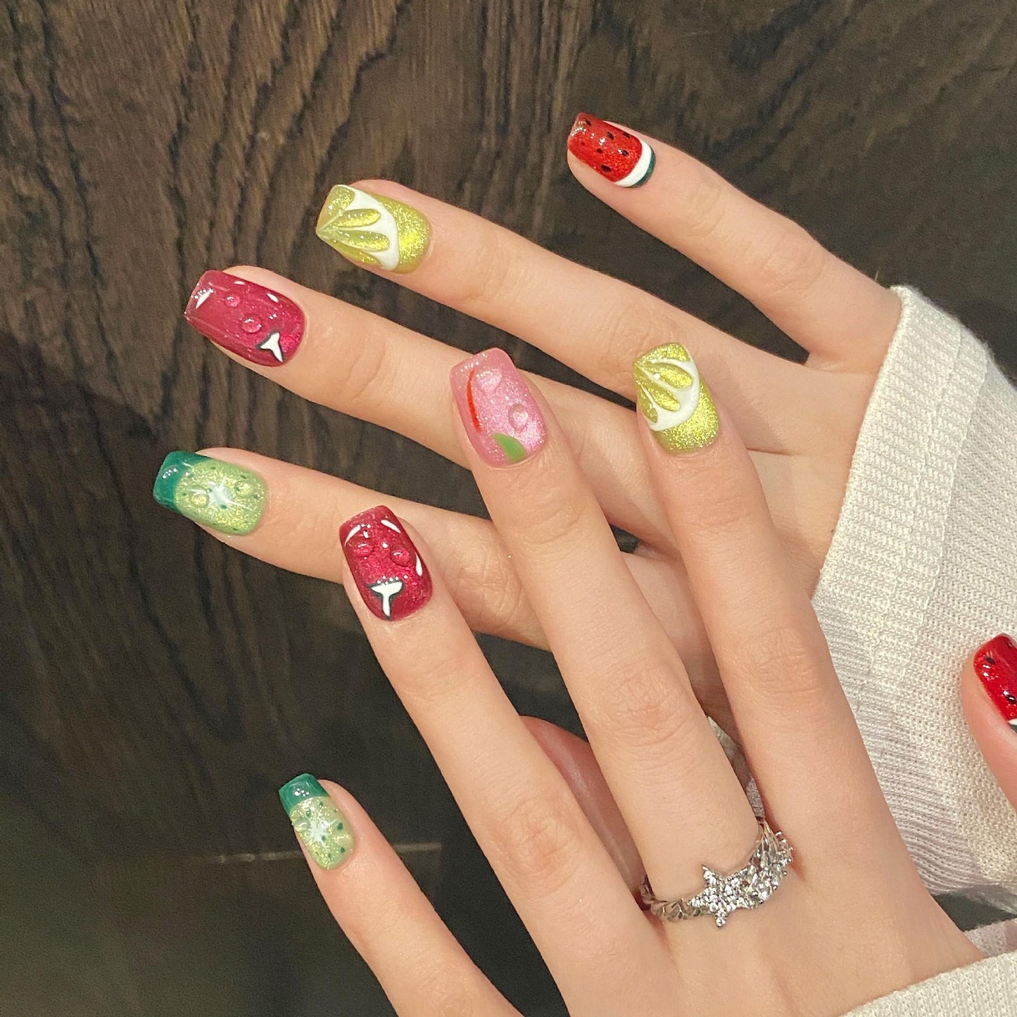【Fruit Party Cat Eye】Luxury Diamonds Sparkle Princess Nails needlepoint  Handmade Press on Nails Nail Art cat eye