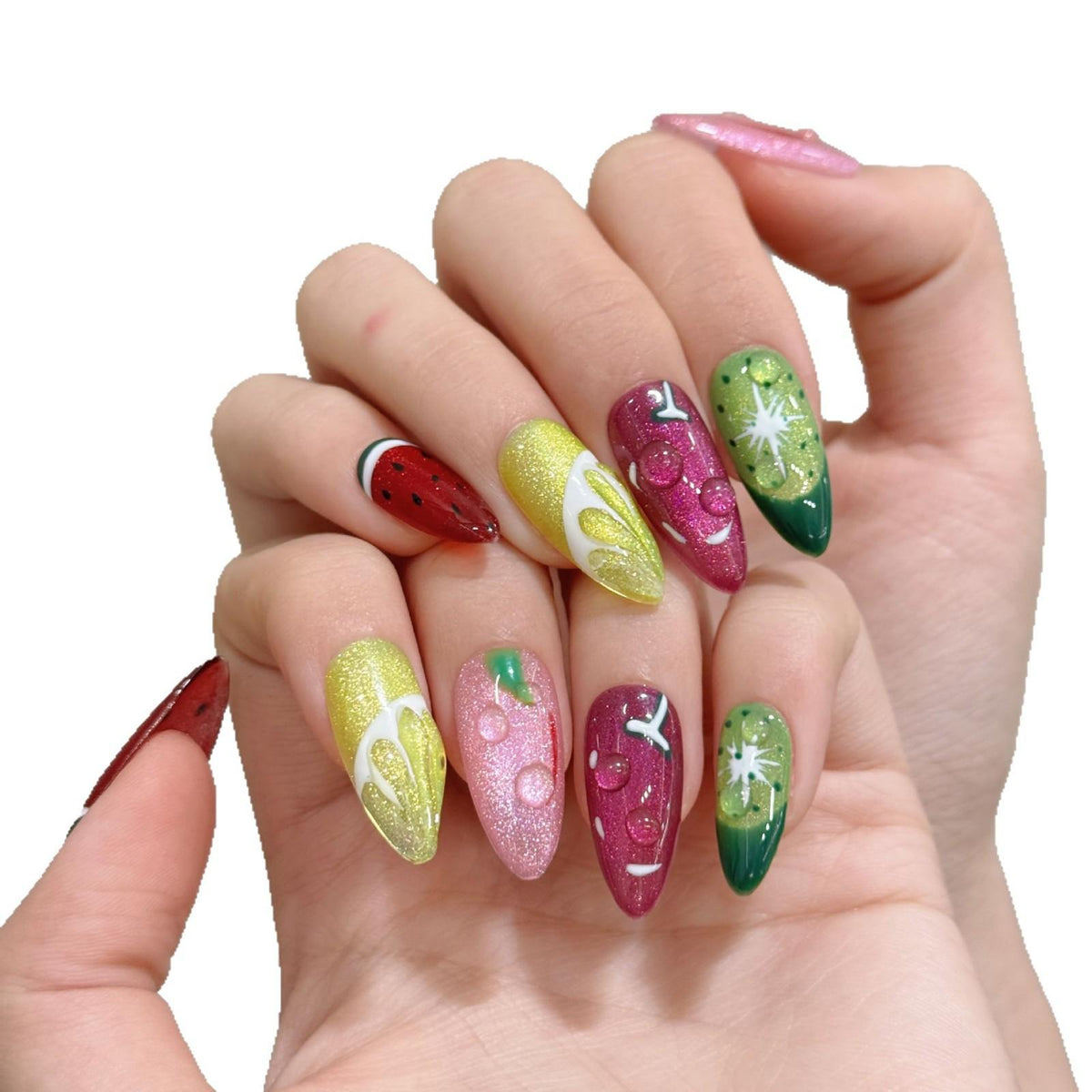 【Fruit Party Cat Eye】Luxury Diamonds Sparkle Princess Nails needlepoint  Handmade Press on Nails Nail Art cat eye