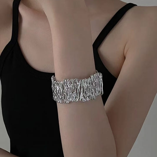 Irregular Textured Elastic Metal Cuff Bracelet | Avant-Garde Luxury Accessory