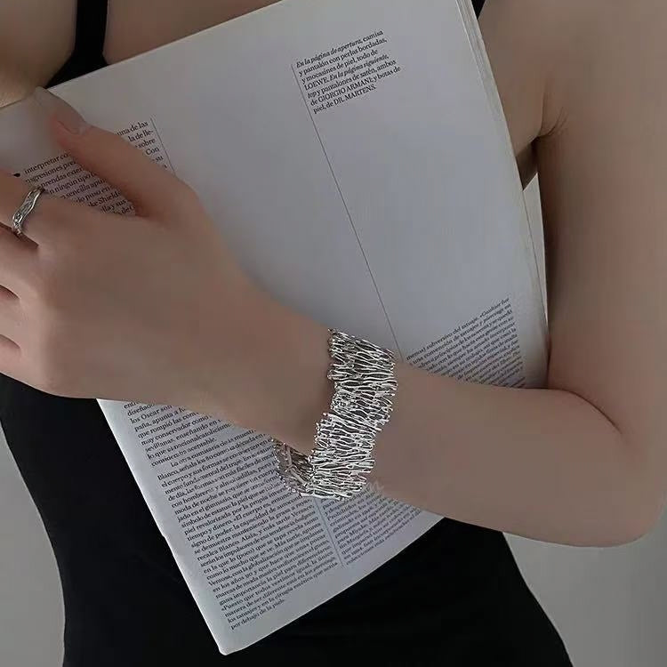 Irregular Textured Elastic Metal Cuff Bracelet | Avant-Garde Luxury Accessory