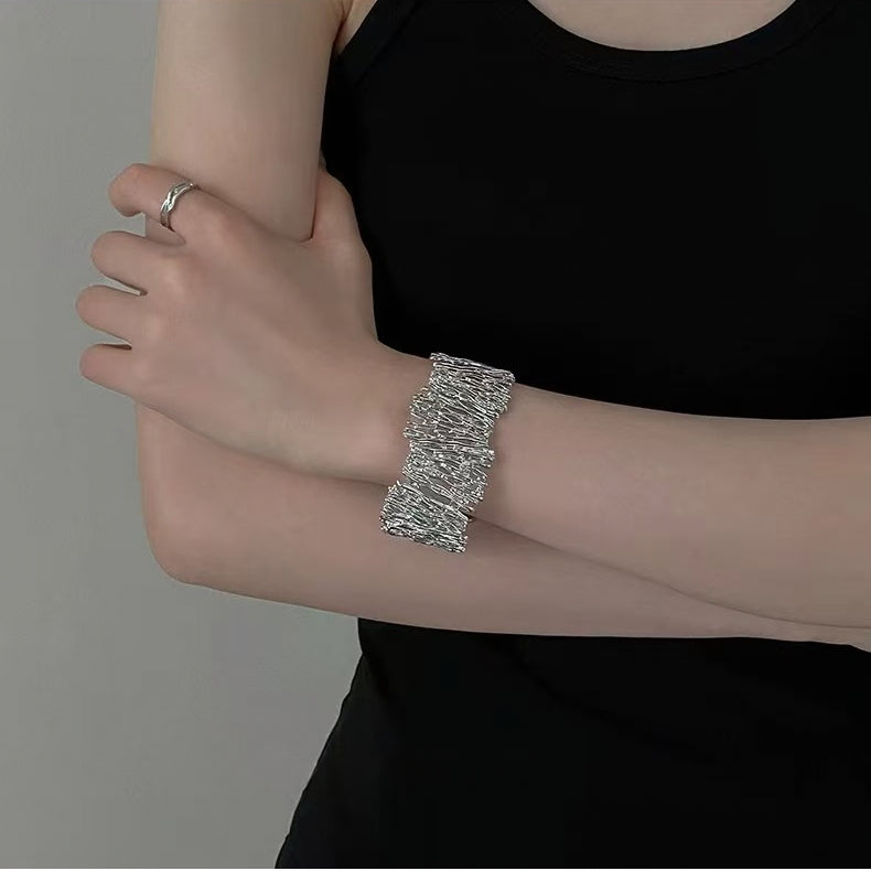 Irregular Textured Elastic Metal Cuff Bracelet | Avant-Garde Luxury Accessory