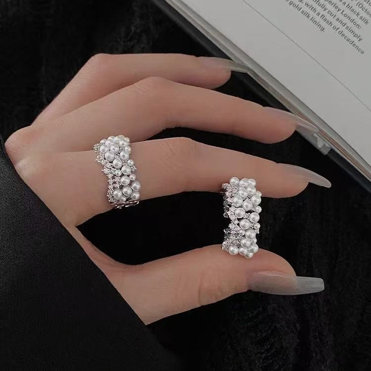 Luxe Cluster Pearl Open Adjustable Ring | Dazzling Elegant Statement Jewelry