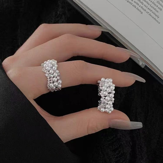 Luxe Cluster Pearl Open Adjustable Ring | Dazzling Elegant Statement Jewelry