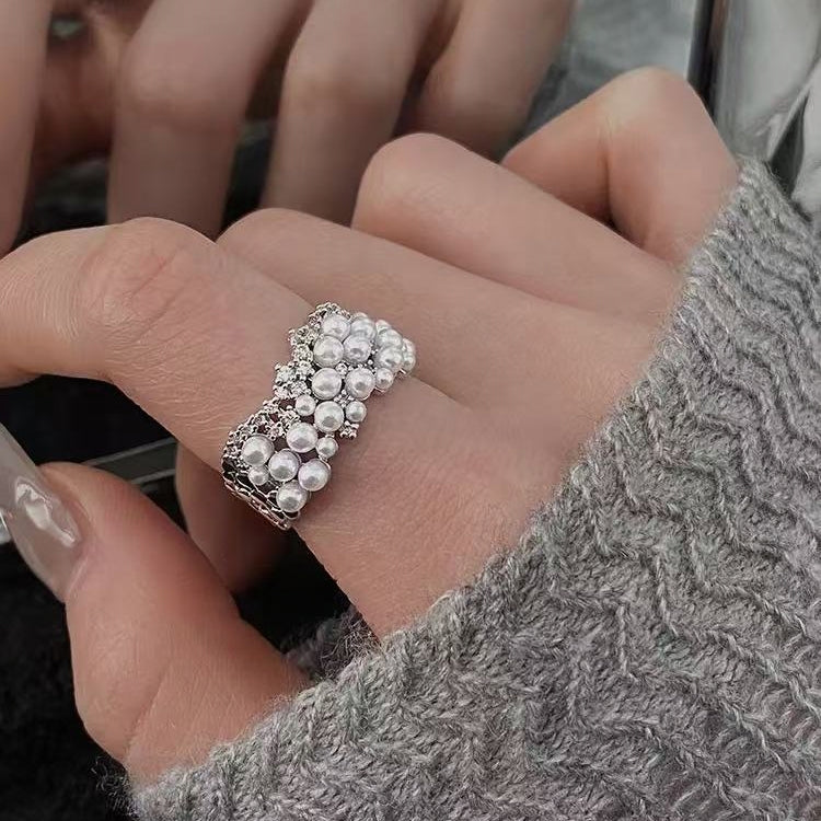 Luxe Cluster Pearl Open Adjustable Ring | Dazzling Elegant Statement Jewelry