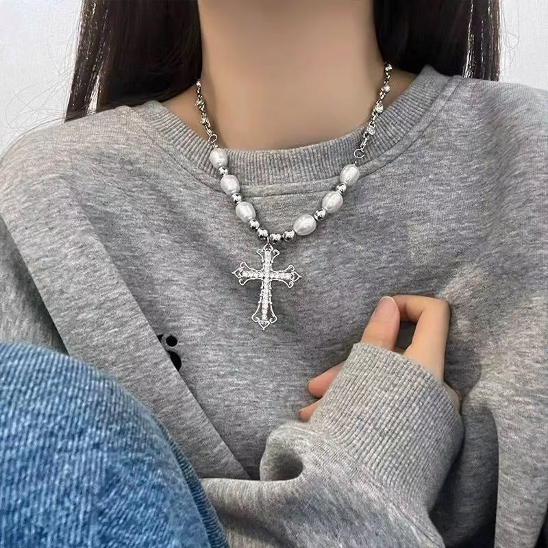 Vintage Cross Pendant Pearl Titanium Steel Necklace | Edgy Luxury Statement Jewelry