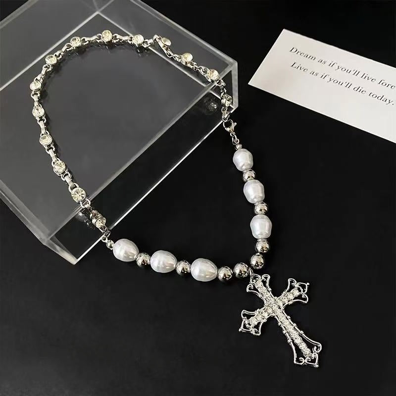 Vintage Cross Pendant Pearl Titanium Steel Necklace | Edgy Luxury Statement Jewelry