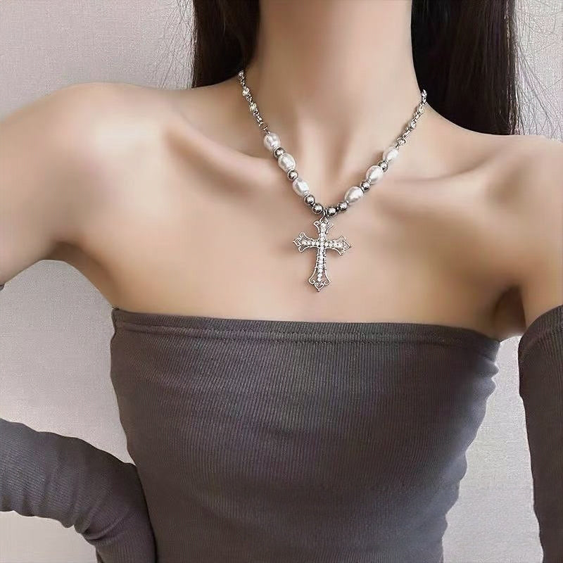 Vintage Cross Pendant Pearl Titanium Steel Necklace | Edgy Luxury Statement Jewelry