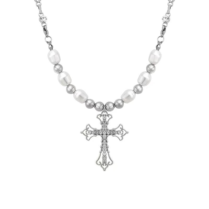 Vintage Cross Pendant Pearl Titanium Steel Necklace | Edgy Luxury Statement Jewelry