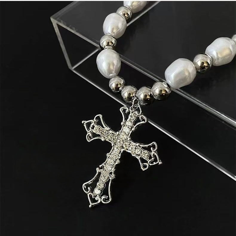 Vintage Cross Pendant Pearl Titanium Steel Necklace | Edgy Luxury Statement Jewelry