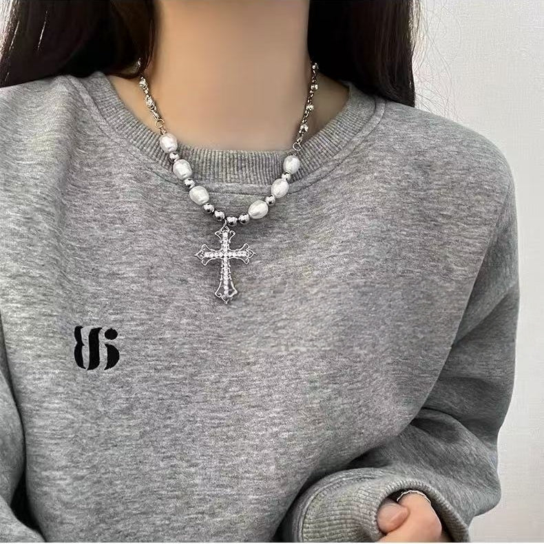 Vintage Cross Pendant Pearl Titanium Steel Necklace | Edgy Luxury Statement Jewelry