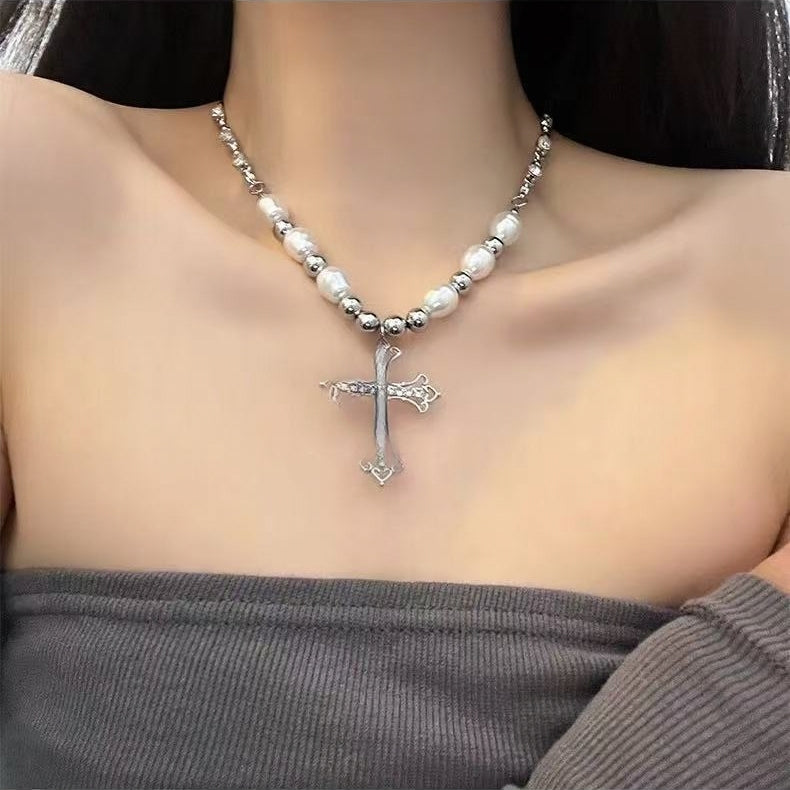 Vintage Cross Pendant Pearl Titanium Steel Necklace | Edgy Luxury Statement Jewelry