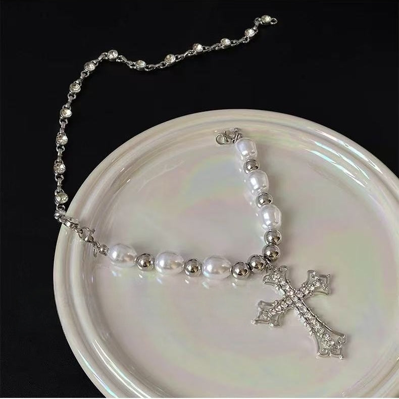 Vintage Cross Pendant Pearl Titanium Steel Necklace | Edgy Luxury Statement Jewelry