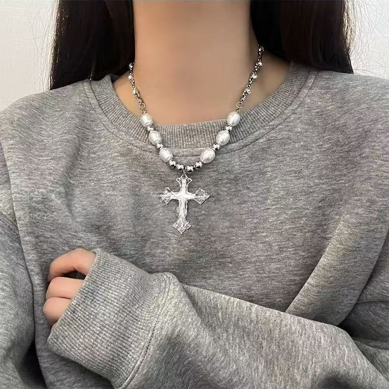 Vintage Cross Pendant Pearl Titanium Steel Necklace | Edgy Luxury Statement Jewelry