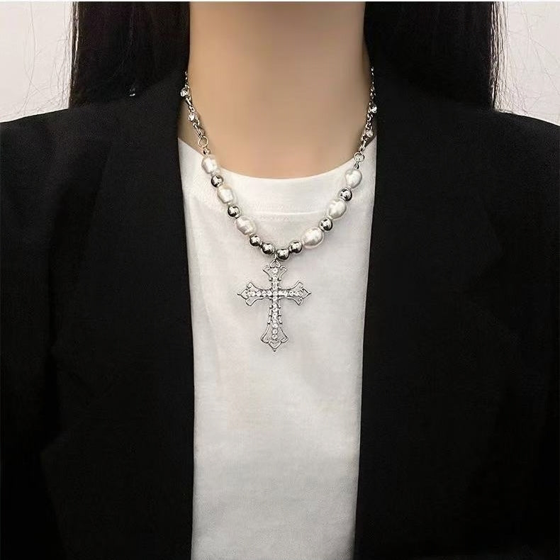 Vintage Cross Pendant Pearl Titanium Steel Necklace | Edgy Luxury Statement Jewelry