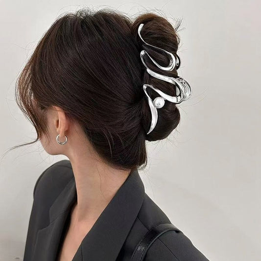 Designer Wavy Pearl Hair Claw Clip | Large Capacity Luxury Hair Accessory