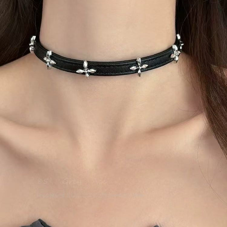 Vintage Cross Leather Choker Necklace | Edgy Elegant Luxury Neck Jewelry