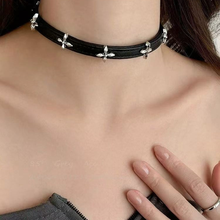 Vintage Cross Leather Choker Necklace | Edgy Elegant Luxury Neck Jewelry