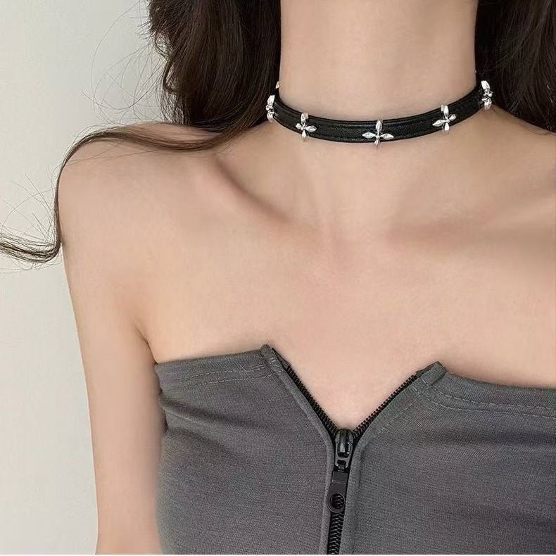Vintage Cross Leather Choker Necklace | Edgy Elegant Luxury Neck Jewelry