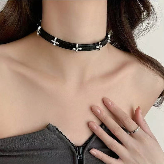 Vintage Cross Leather Choker Necklace | Edgy Elegant Luxury Neck Jewelry