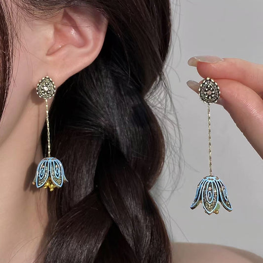 Vintage Enamel Tulip Drop Earrings | Luxury Artisan Floral Statement Earrings