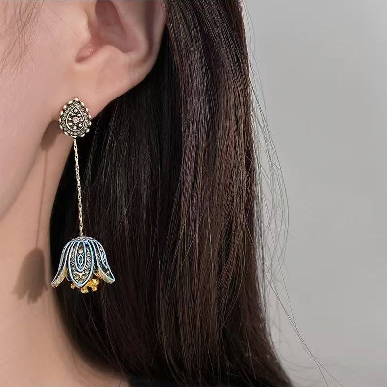 Vintage Enamel Tulip Drop Earrings | Luxury Artisan Floral Statement Earrings