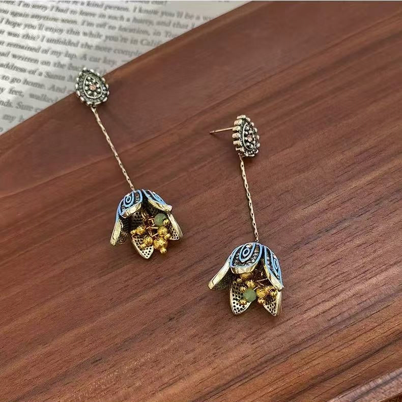 Vintage Enamel Tulip Drop Earrings | Luxury Artisan Floral Statement Earrings