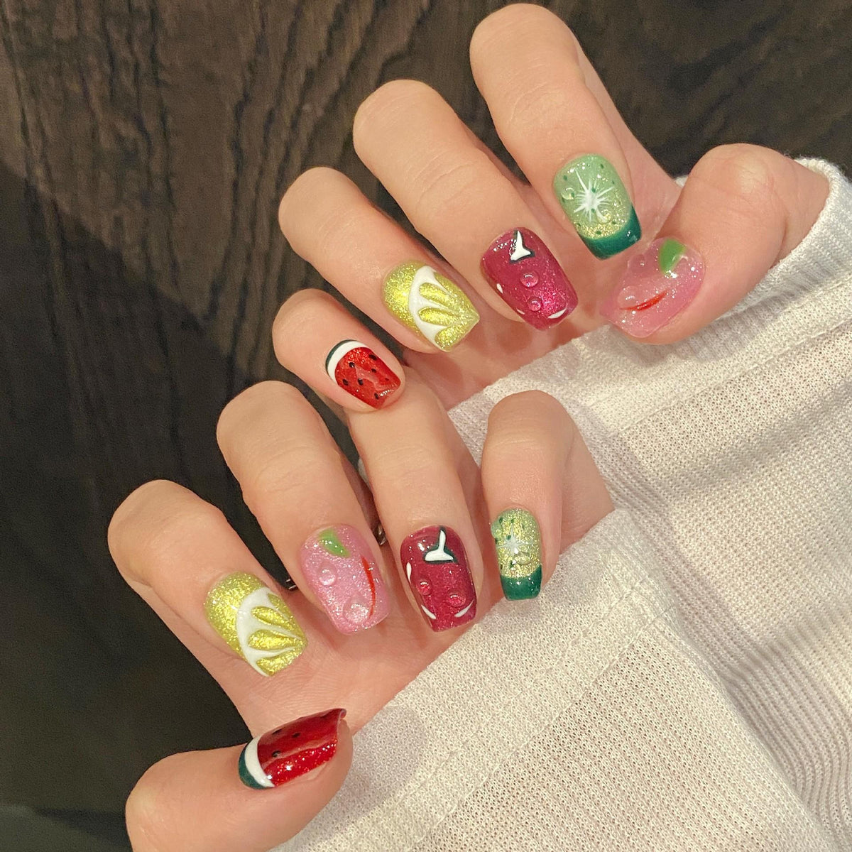 【Fruit Party Cat Eye】Luxury Diamonds Sparkle Princess Nails needlepoint  Handmade Press on Nails Nail Art cat eye