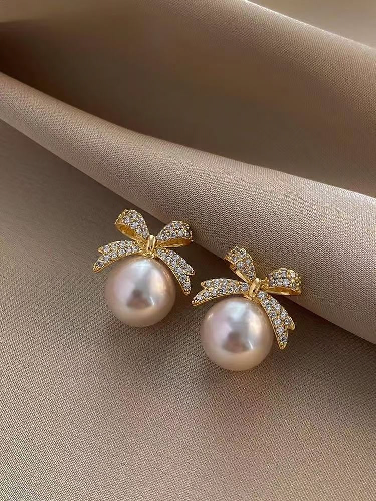 Sparkling Pave Zircon Bowknot Pearl Drop Earrings