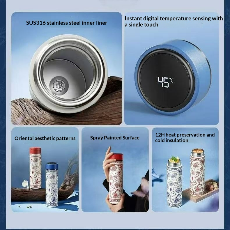 3D-designed tea-water separator with temperature display, insulated flask, 316L stainless steel