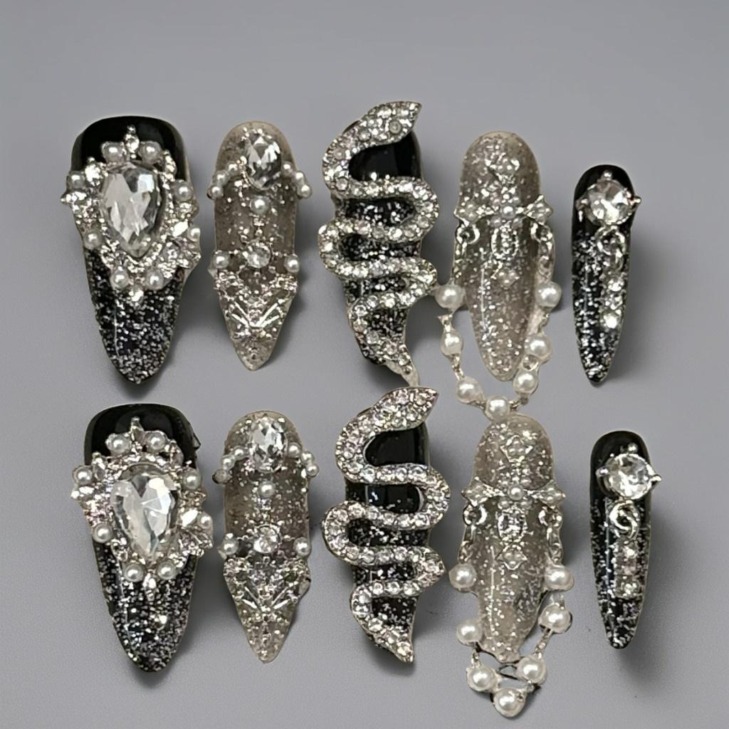 【FULLY ENCRUSTED DIAMOND】Luxury Diamonds Sparkle Princess Nails needlepoint  Handmade Press on Nails Nail Art