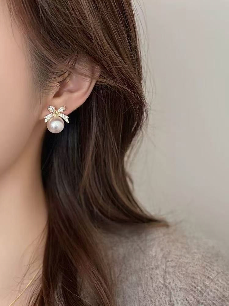 Sparkling Pave Zircon Bowknot Pearl Drop Earrings