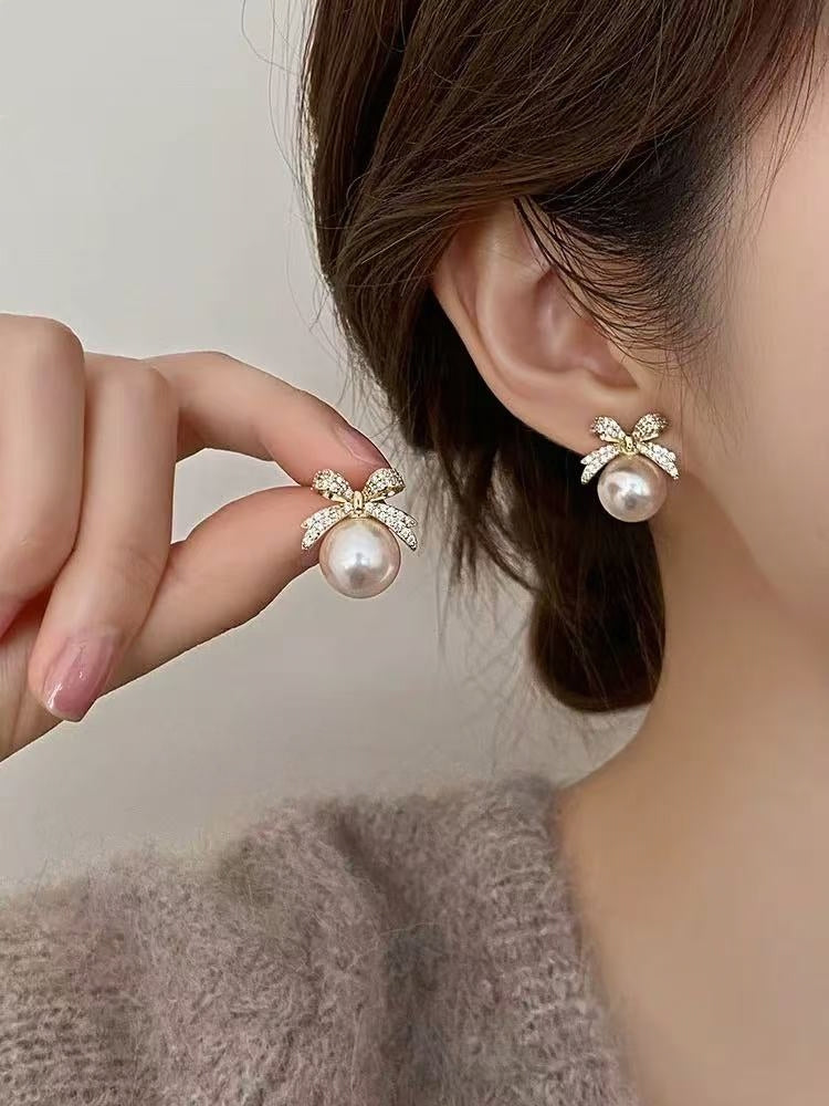Sparkling Pave Zircon Bowknot Pearl Drop Earrings
