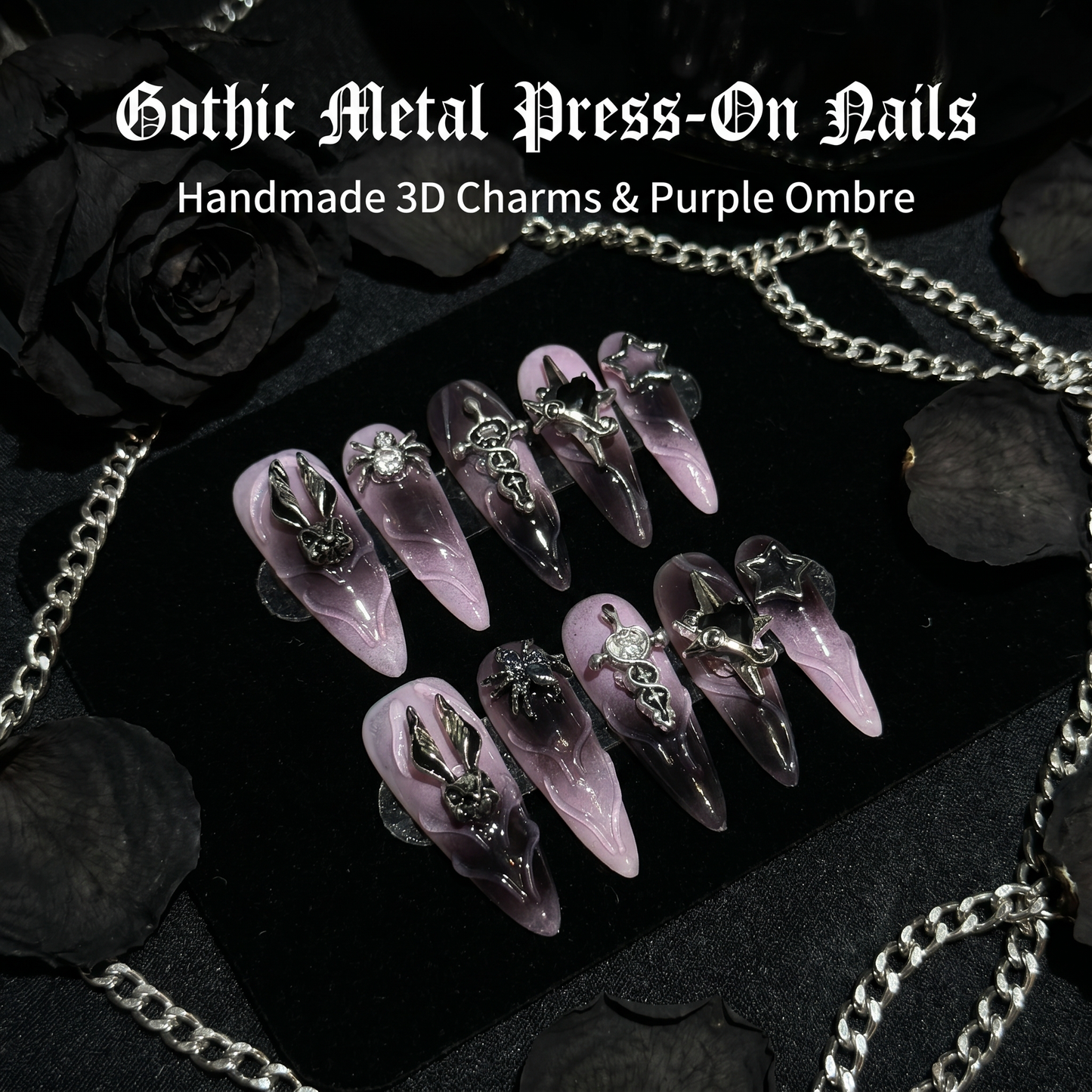 【Gothic Purple Gradient Cross】Luxury Diamonds Sparkle Princess Nails needlepoint  Handmade Press on Nails Nail Art