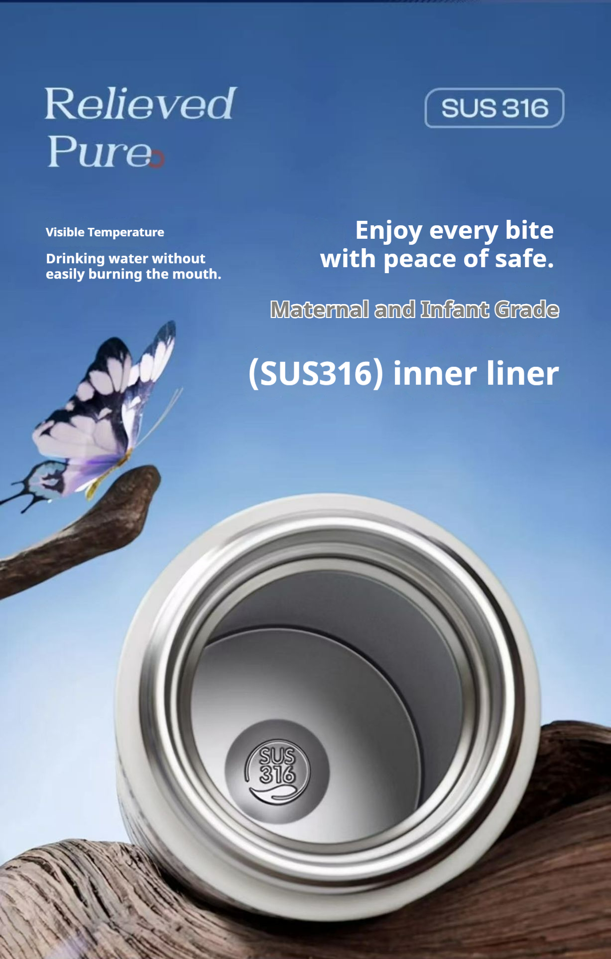 3D-designed tea-water separator with temperature display, insulated flask, 316L stainless steel