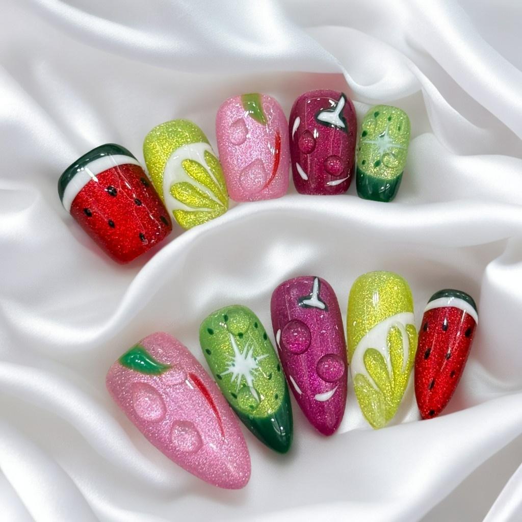 【Fruit Party Cat Eye】Luxury Diamonds Sparkle Princess Nails needlepoint  Handmade Press on Nails Nail Art cat eye