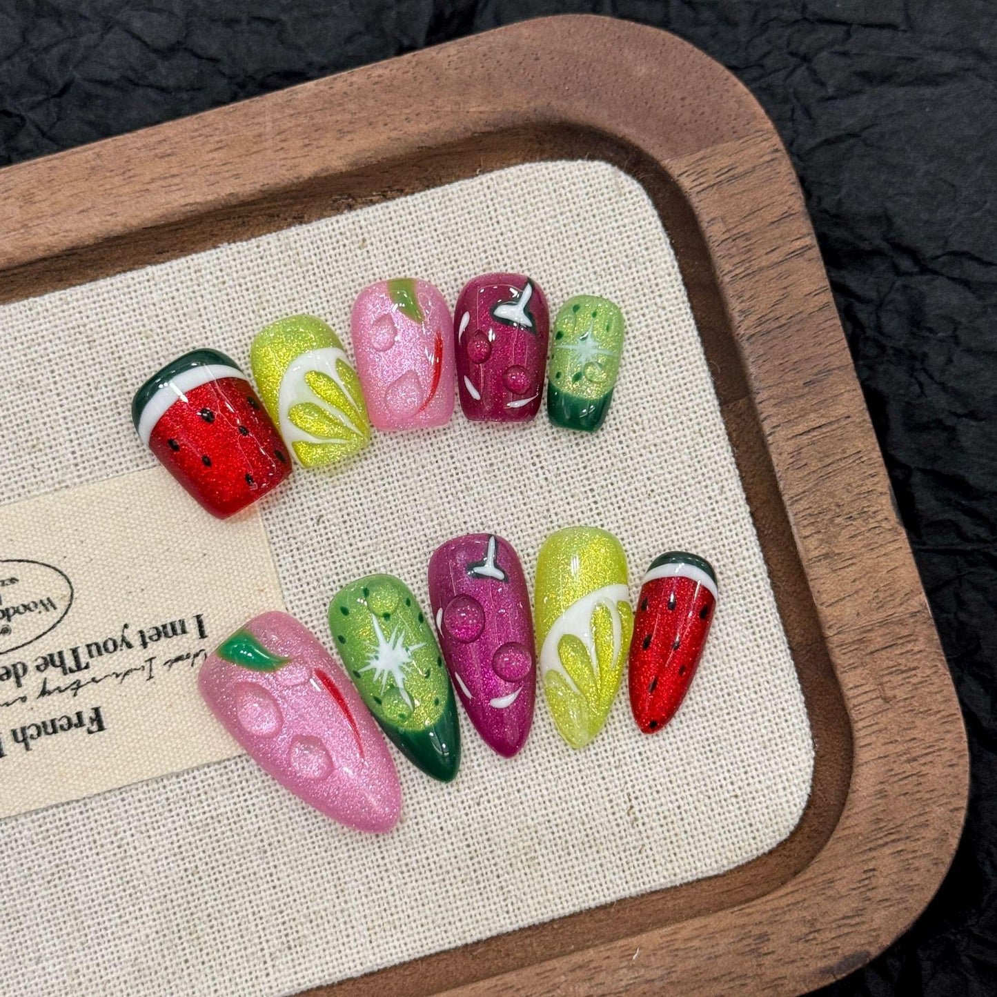 【Fruit Party Cat Eye】Luxury Diamonds Sparkle Princess Nails needlepoint  Handmade Press on Nails Nail Art cat eye