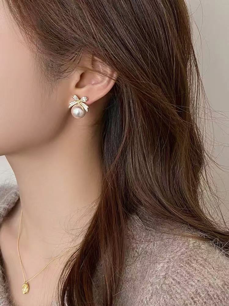 Sparkling Pave Zircon Bowknot Pearl Drop Earrings