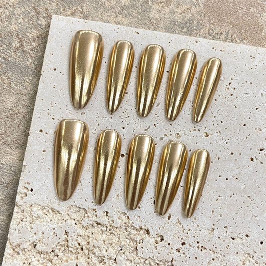 【Mirror Gold Stiletto】Luxury Diamonds Sparkle Princess Nails needlepoint  Handmade Press on Nails Nail Art