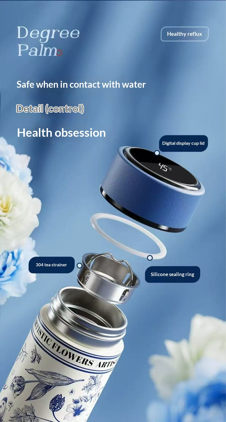 3D-designed tea-water separator with temperature display, insulated flask, 316L stainless steel