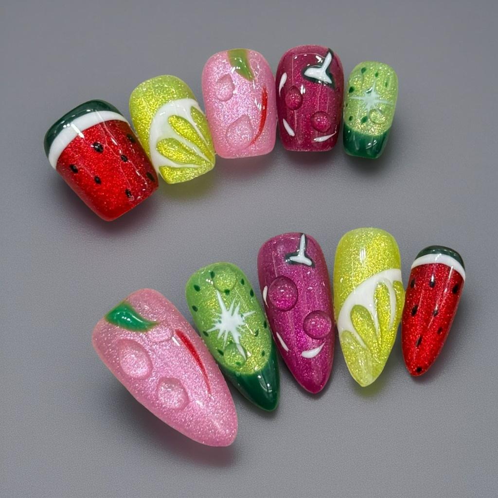 【Fruit Party Cat Eye】Luxury Diamonds Sparkle Princess Nails needlepoint  Handmade Press on Nails Nail Art cat eye