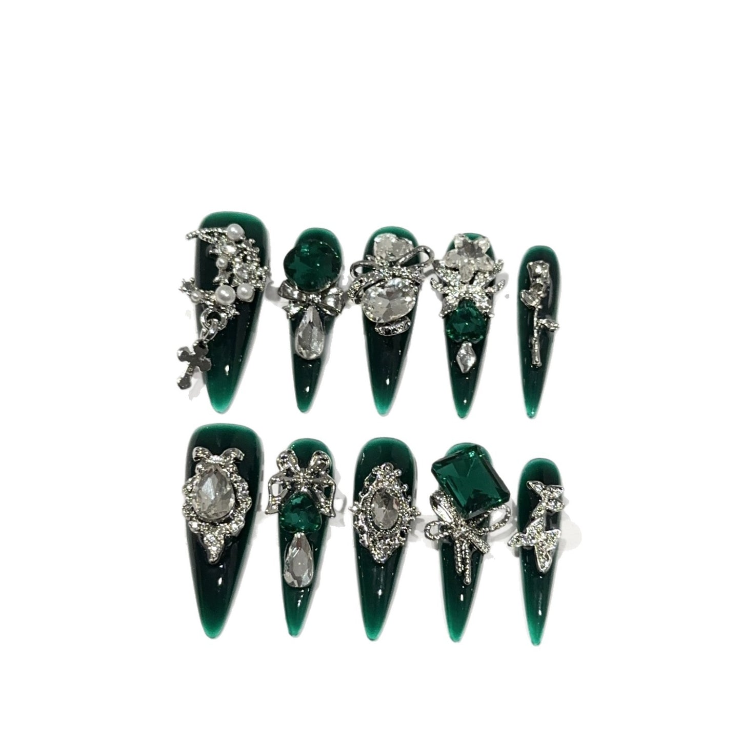 【EMERALD GREEN LONG STILETTO】Luxury Diamonds Sparkle Princess Nails needlepoint  Handmade Press on Nail Nail Art