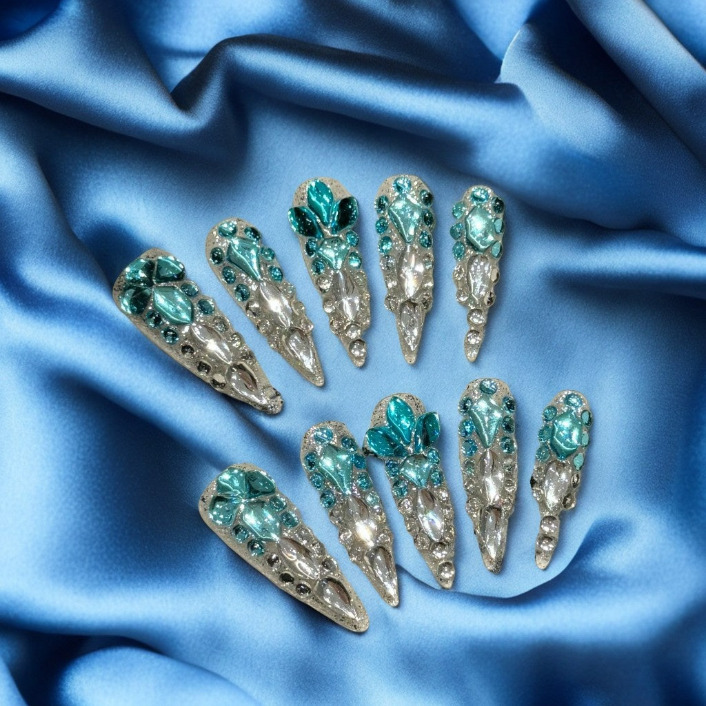 【MERMAID TEARS OCEAN】Luxury Diamonds Sparkle Princess Nails needlepoint  Handmade Press on Nails Nail Art