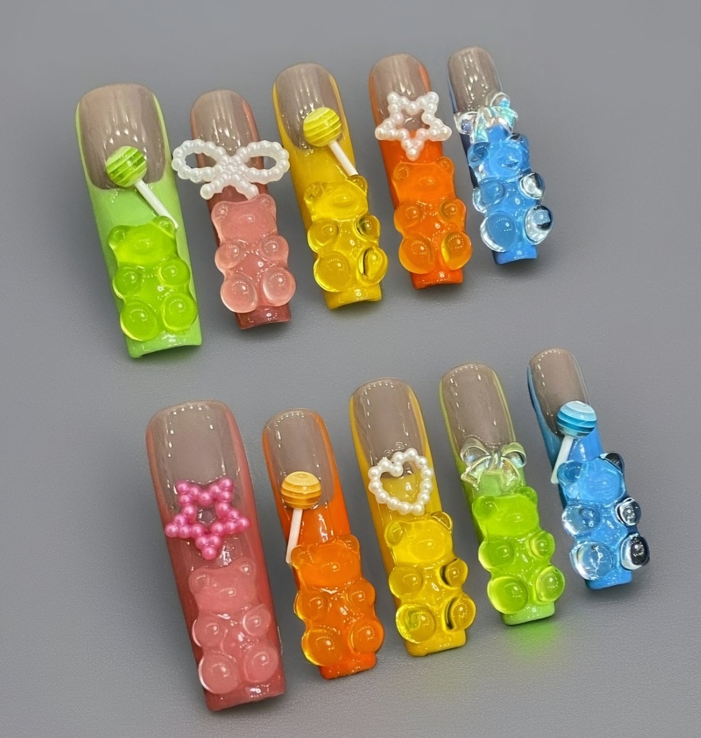 【3D MACARON BEAR Y2K】Luxury Diamonds Sparkle Princess Nails needlepoint  Handmade Press on Nails