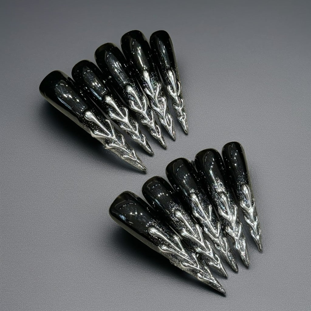 【Dark Silver Tree Gothic】Luxury Diamonds Sparkle Princess Nails needlepoint  Handmade Press on Nails Nail Art
