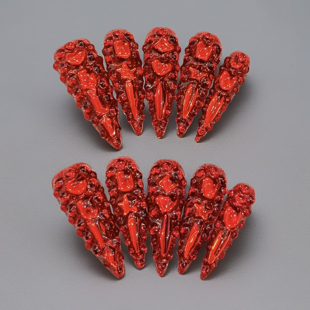 【Red Devil Full-Bling】Luxury Diamonds Sparkle Princess Nails needlepoint  Handmade Press on Nails Nail Art