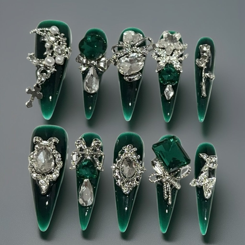 【EMERALD GREEN LONG STILETTO】Luxury Diamonds Sparkle Princess Nails needlepoint  Handmade Press on Nail Nail Art