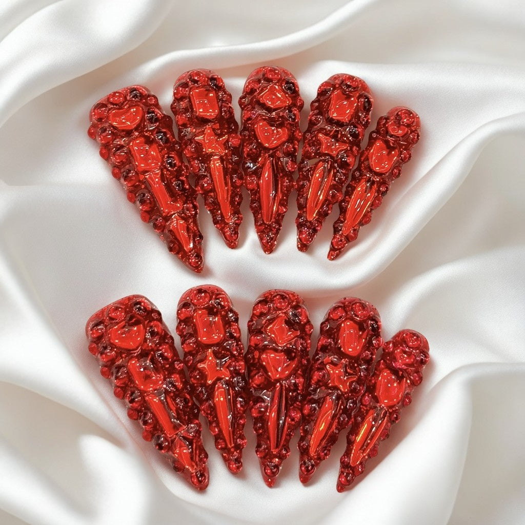【Red Devil Full-Bling】Luxury Diamonds Sparkle Princess Nails needlepoint  Handmade Press on Nails Nail Art
