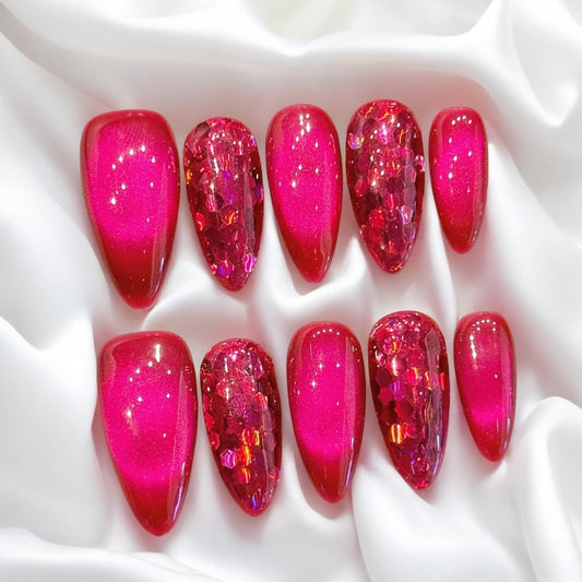 【DRAGON FRUIT CAT EYE】Luxury Diamonds Sparkle Princess Nails needlepoint  Handmade Press on Nails Nail Art